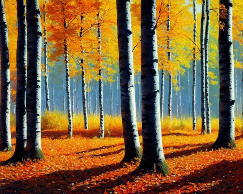 Vibrant autumn forest with tall birch trees and golden leaves