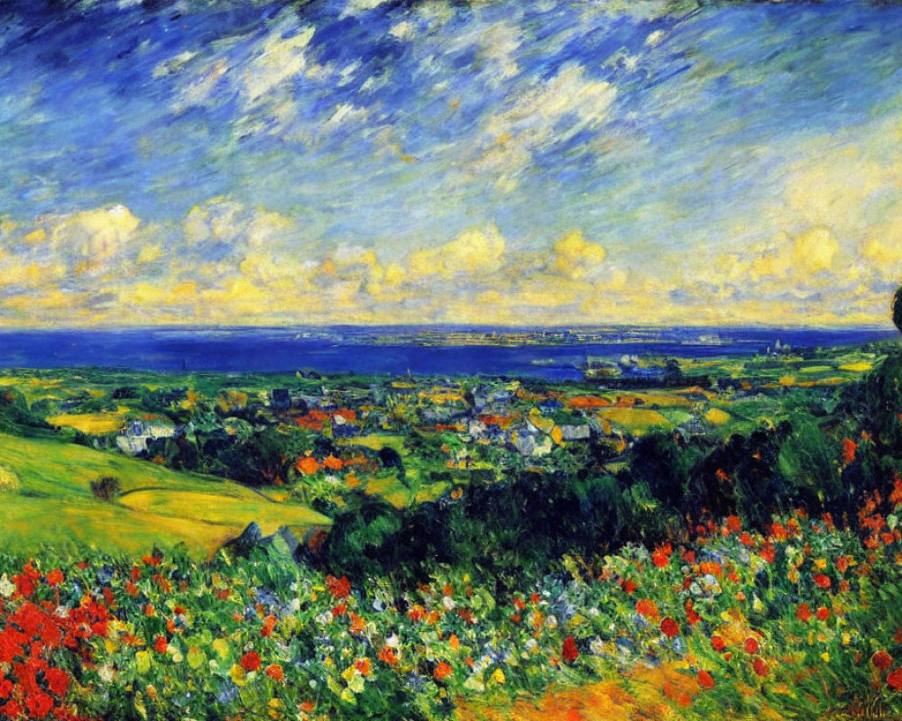 Vibrant Flower Fields and Coastal Village in Impressionist Painting