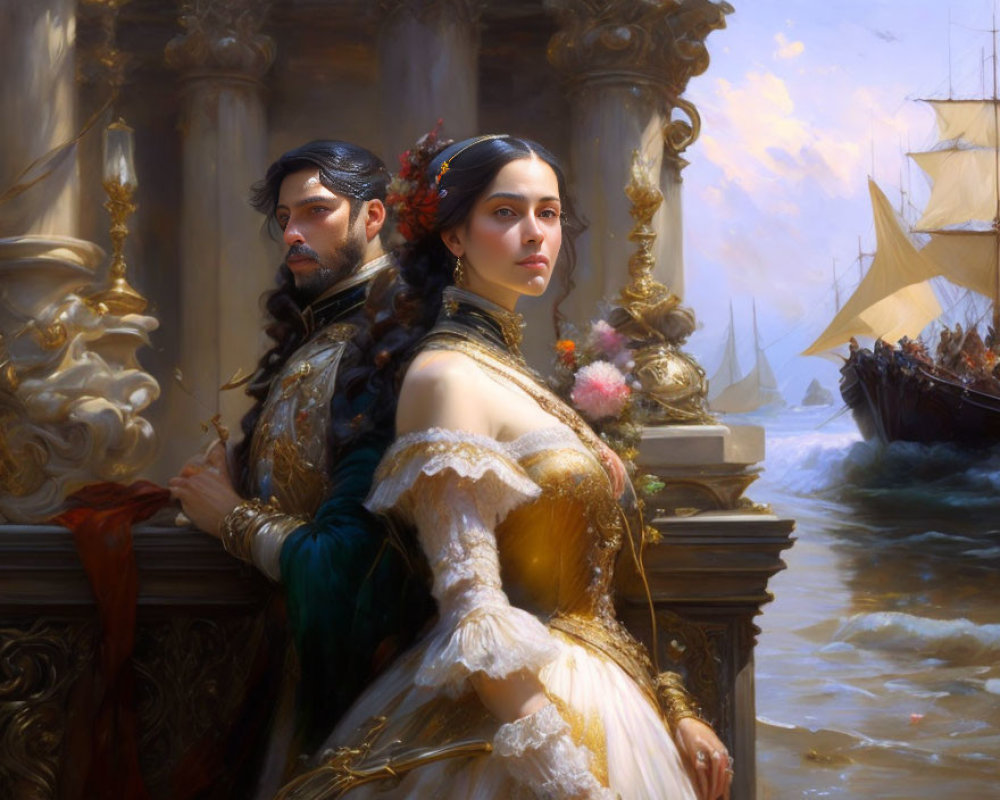 Regal couple in opulent Renaissance attire by the sea with tall ships in the background