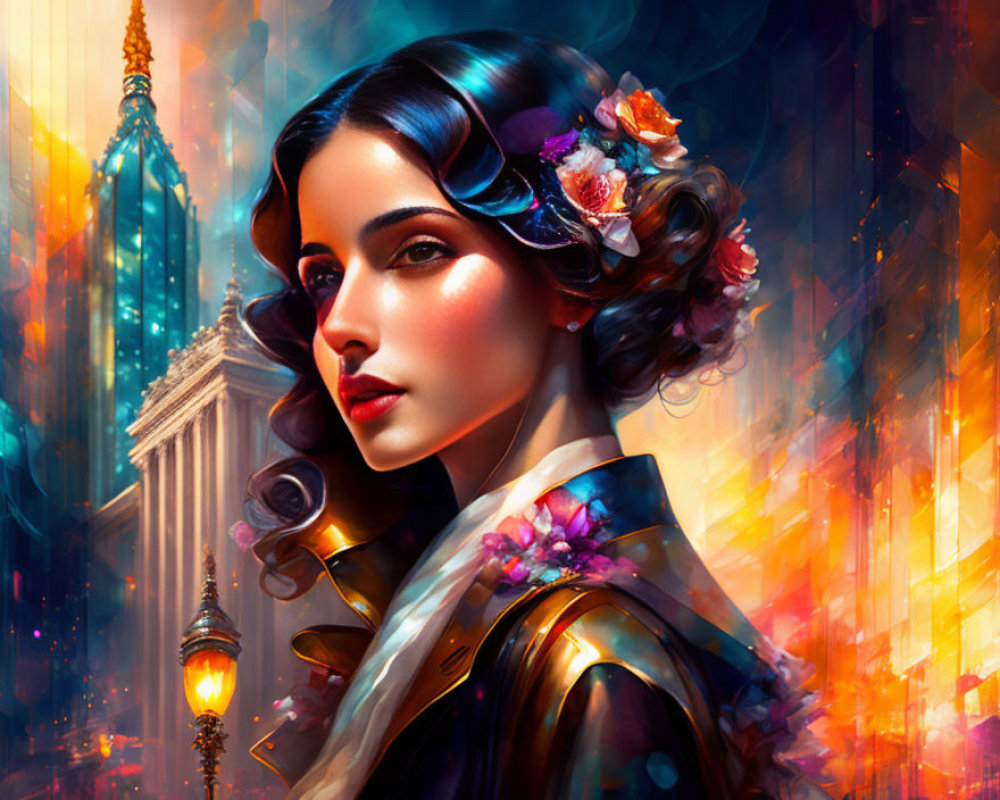 Vibrant digital portrait: woman with flower hair, cityscape background