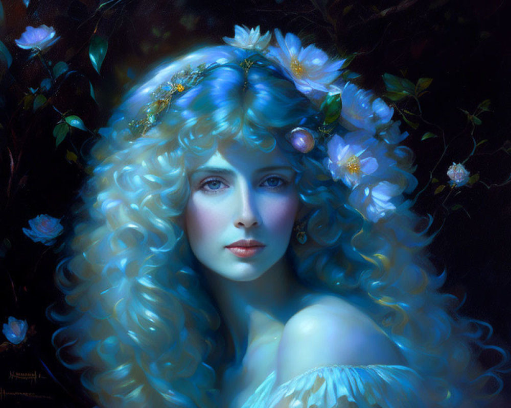 Portrait of Woman with Curly Blond Hair and Blue Eyes in White Dress on Dark Floral Background