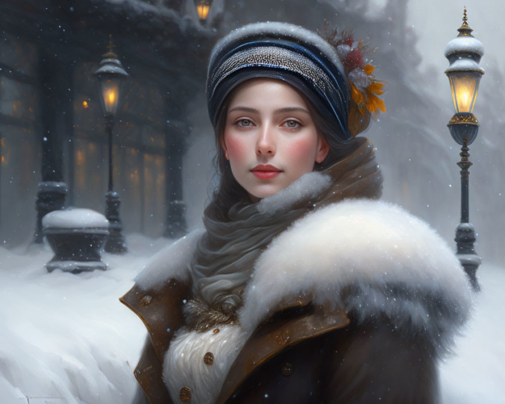 Woman in headband and winter attire in snowy urban setting
