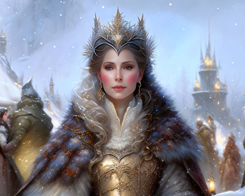 Regal woman in ornate crown and fur cloak in fantasy snow-covered landscape