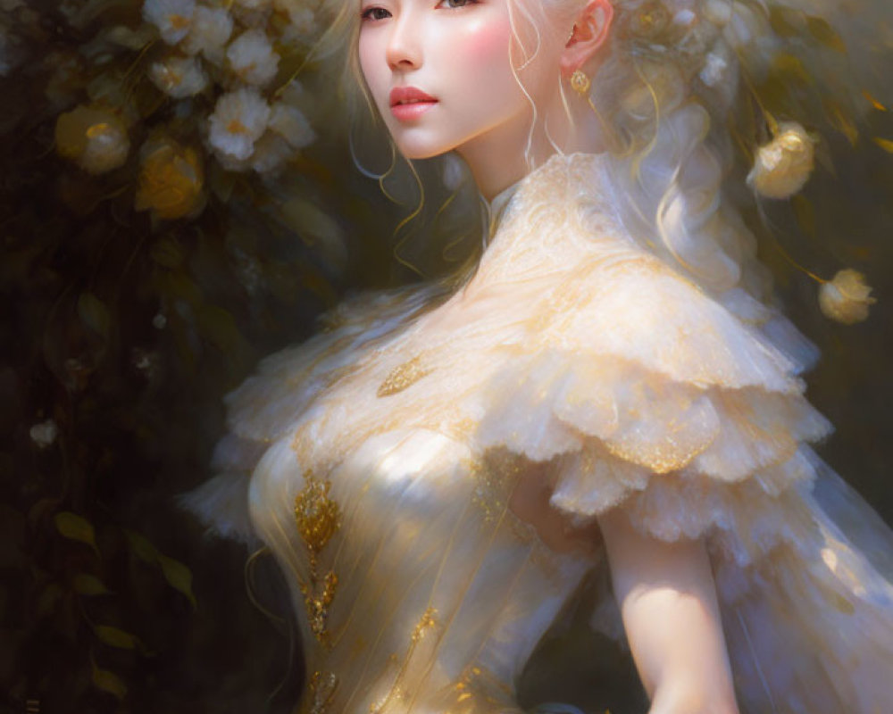 Ethereal woman in white and gold gown with flowers in hair, surrounded by warm light
