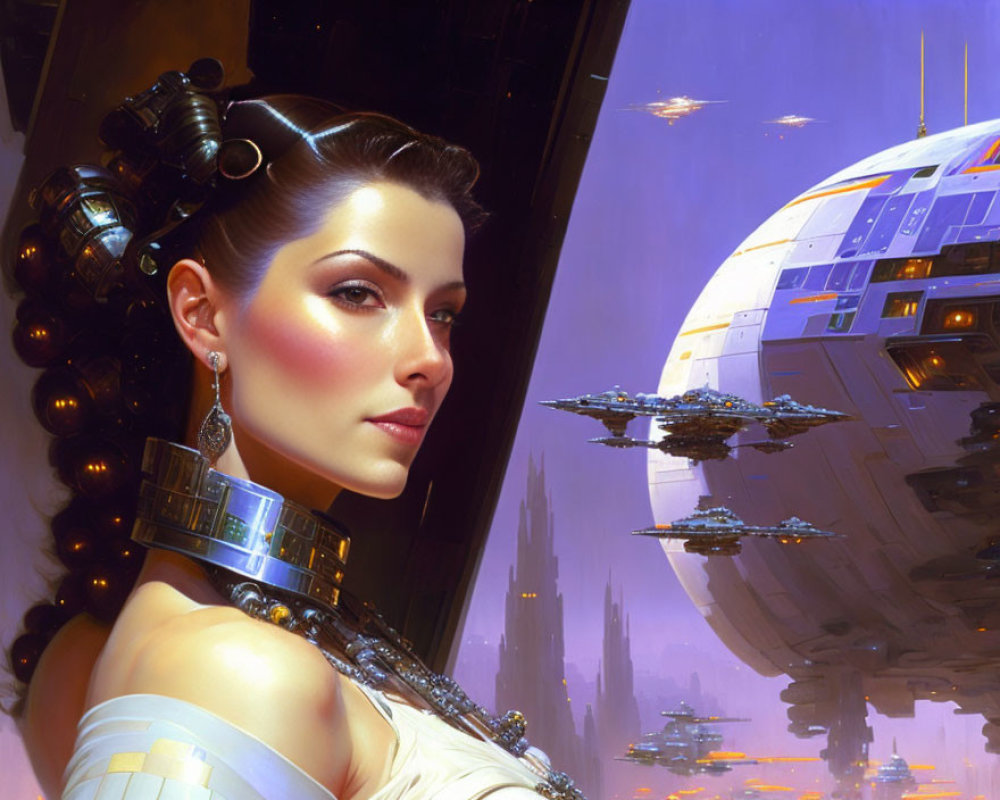 Futuristic woman in elegant attire with sci-fi cityscape and starships