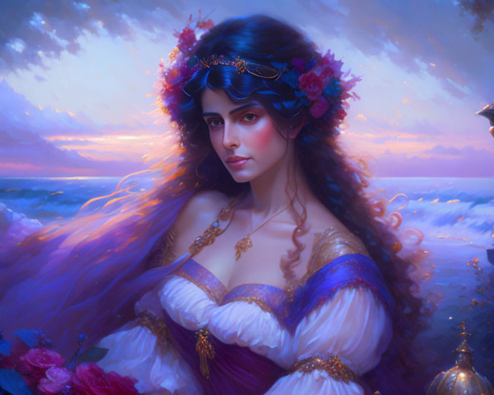 Mystical woman in floral crown and vintage dress at seaside sunset with ornate lamps