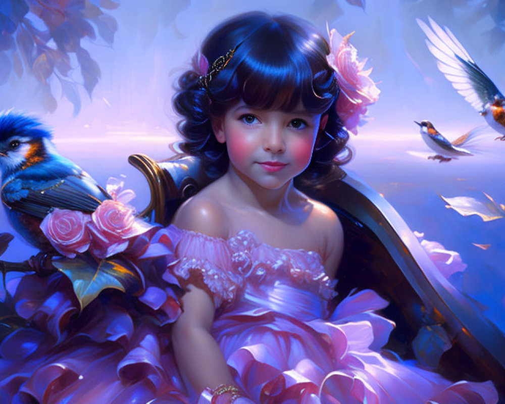 Young girl in pink dress with blue birds and lush flora under soft light