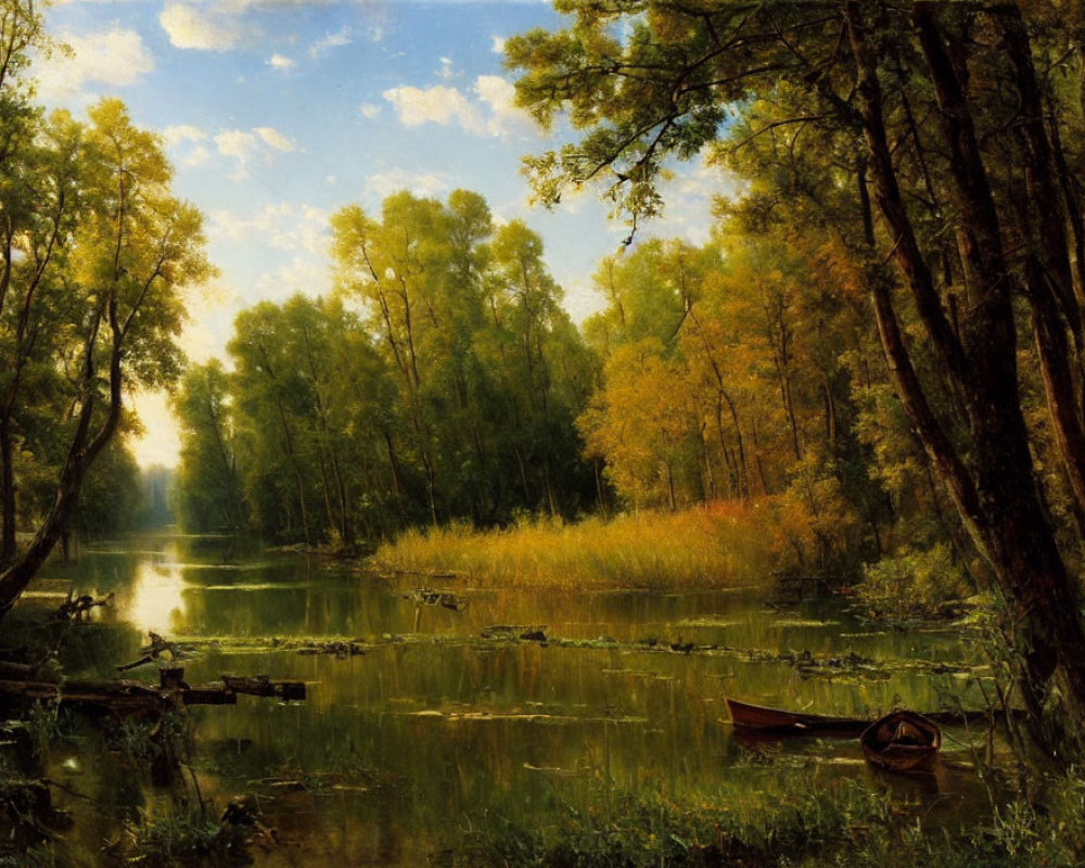 Tranquil forest landscape with calm river and rowboat