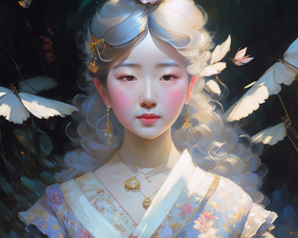 Illustration of Woman in Elegant East Asian Attire with Gold Jewelry and Butterflies