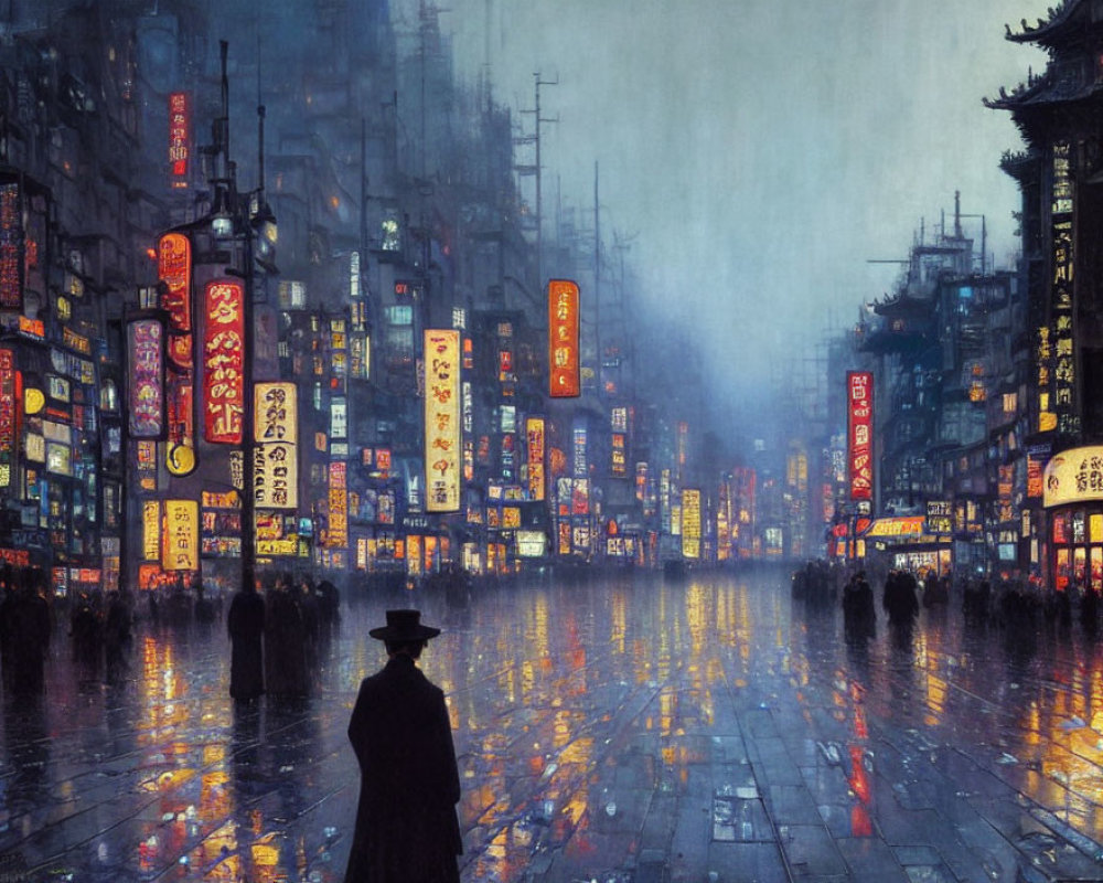 Person in hat on neon-lit street at twilight in rain
