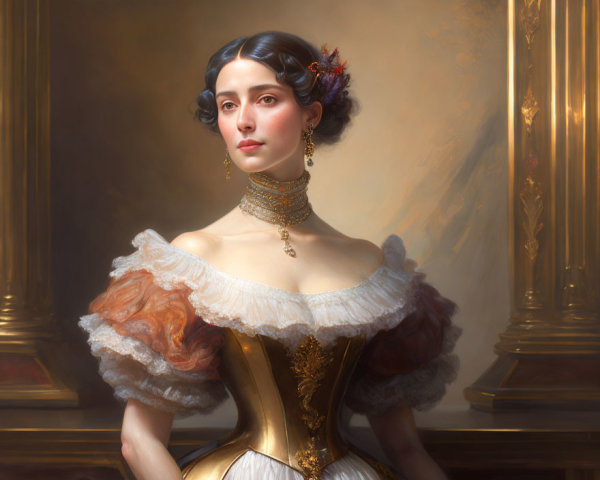 Classical portrait of elegant woman in gold and white dress