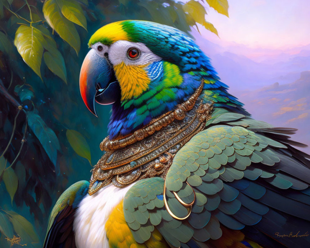Colorful Parrot with Jewelry in Serene Nature Setting at Dawn