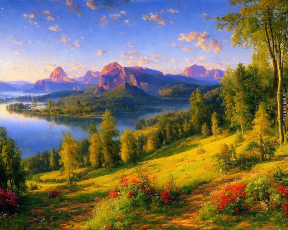 Serene landscape painting of lake, mountains, sky, greenery & flowers