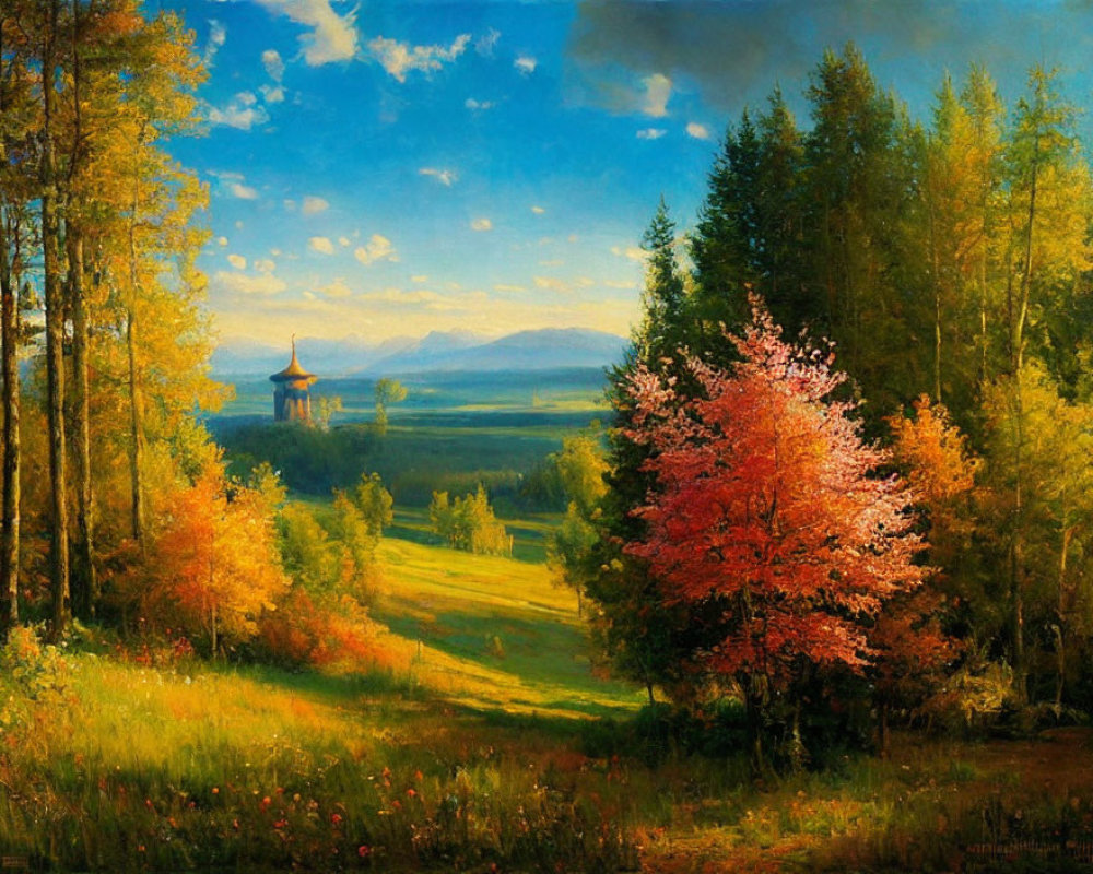 Tranquil autumn landscape with trees, meadow, and mountains under blue sky