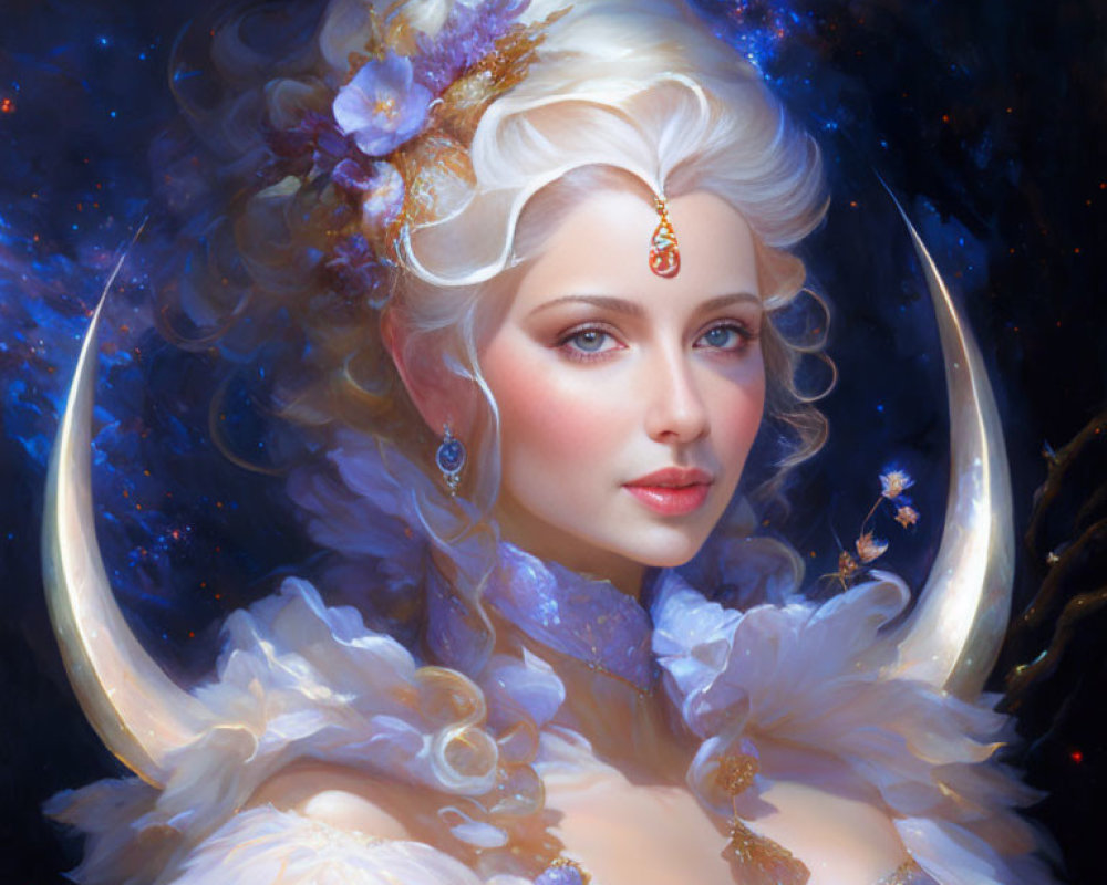 Pale-skinned woman with white hair, adorned with flowers and jewelry under a luminous crescent moon