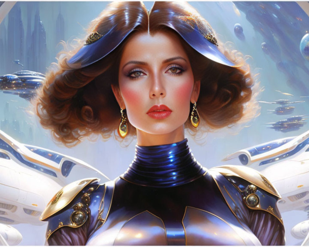 Futuristic woman portrait with space backdrop