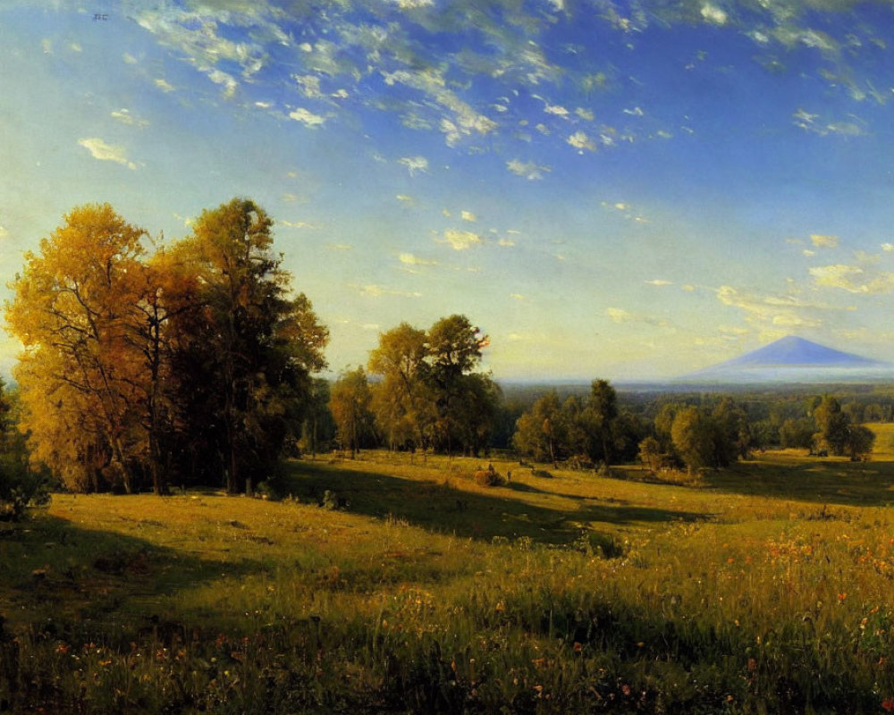 Tranquil landscape with meadow, trees, wildflowers, sky, and mountain