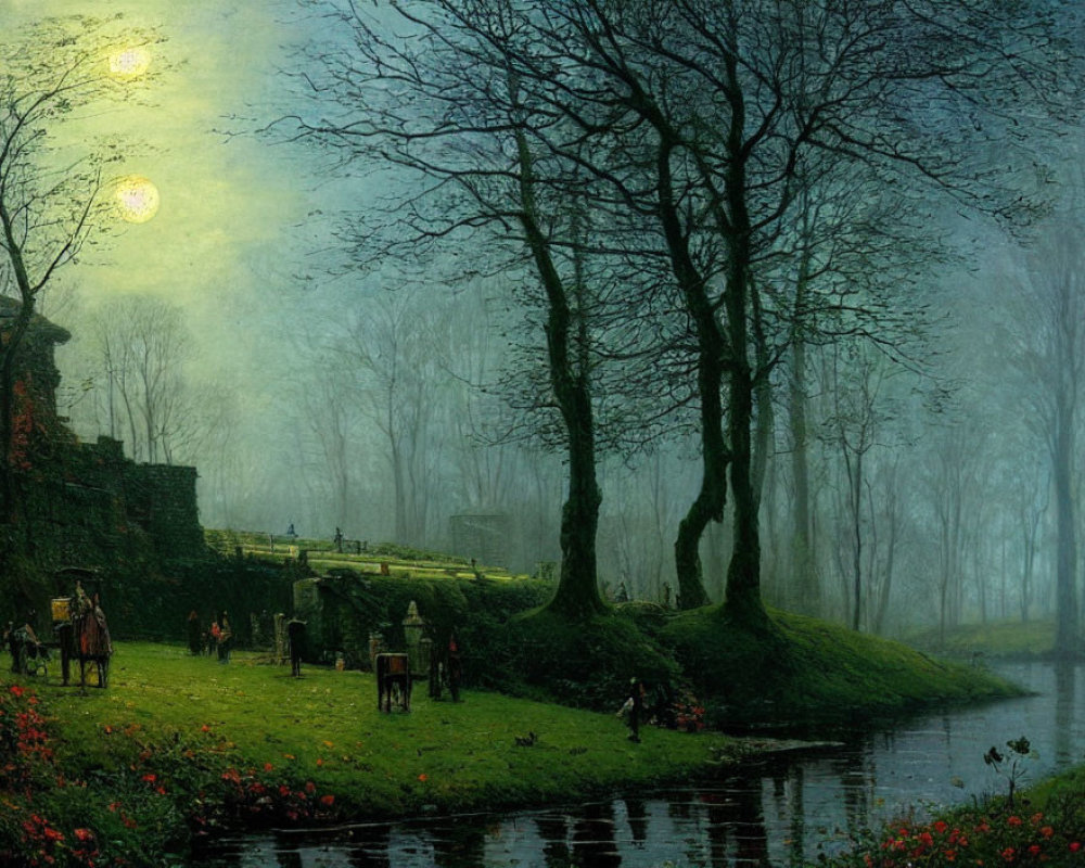 Moonlit river landscape with period attire people and glowing light