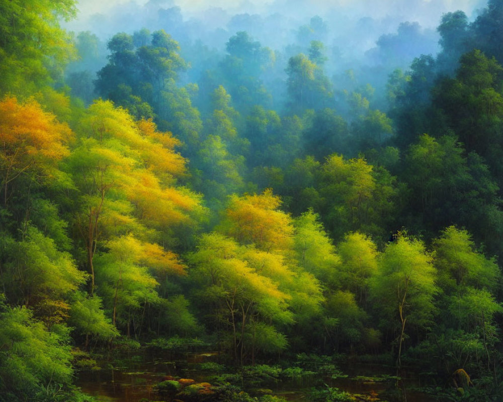 Tranquil forest scene with misty backdrop and vibrant foliage by serene stream