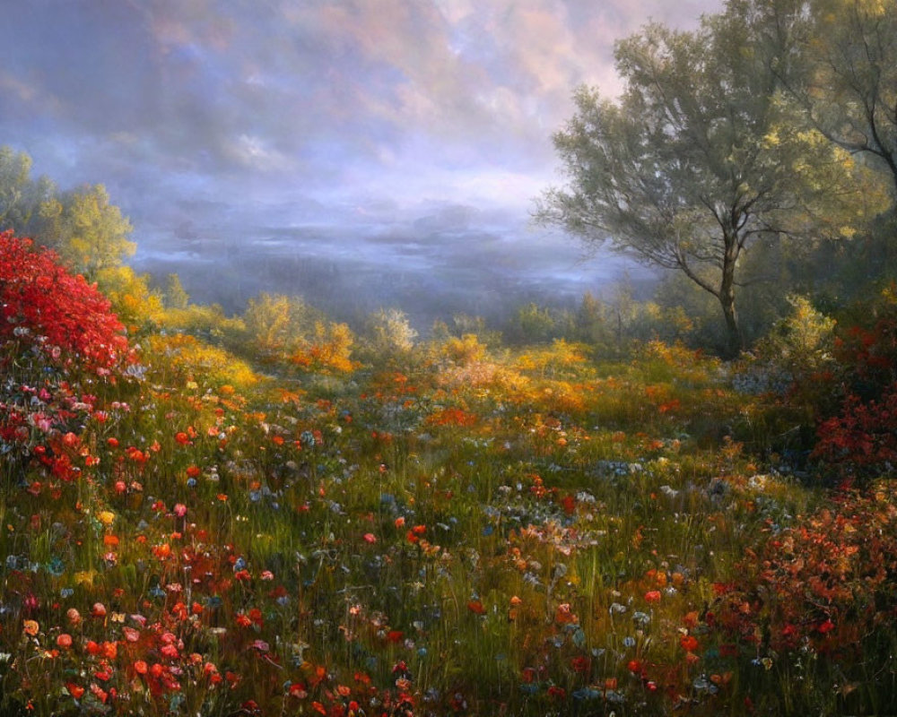 Tranquil colorful meadow with vibrant wildflowers and misty hills