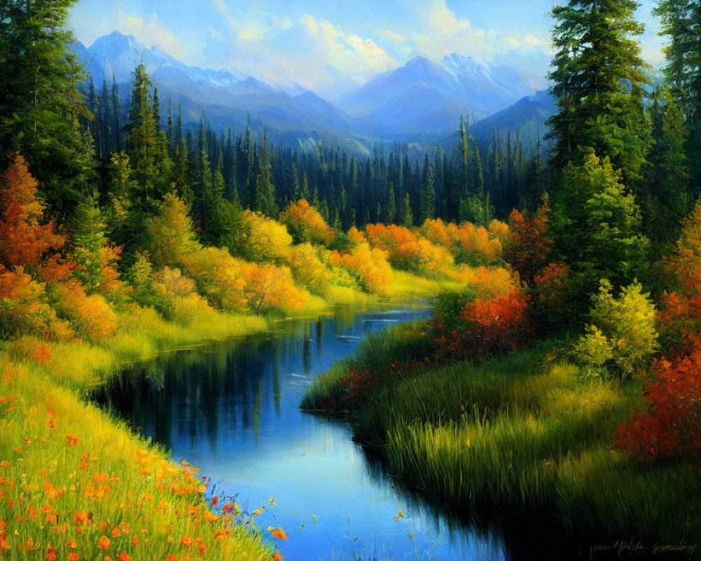 Tranquil landscape with winding river, autumn foliage, and mountains