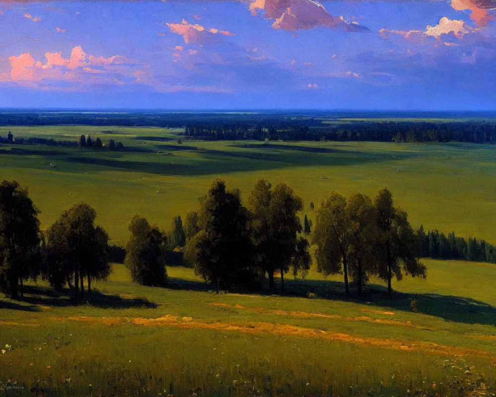 Tranquil landscape painting of green fields under a blue sky