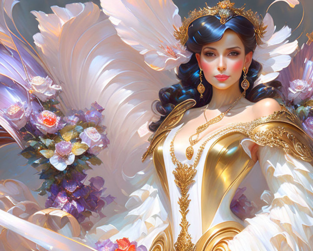 Illustrated female angel with wings in golden and white gown among flowers