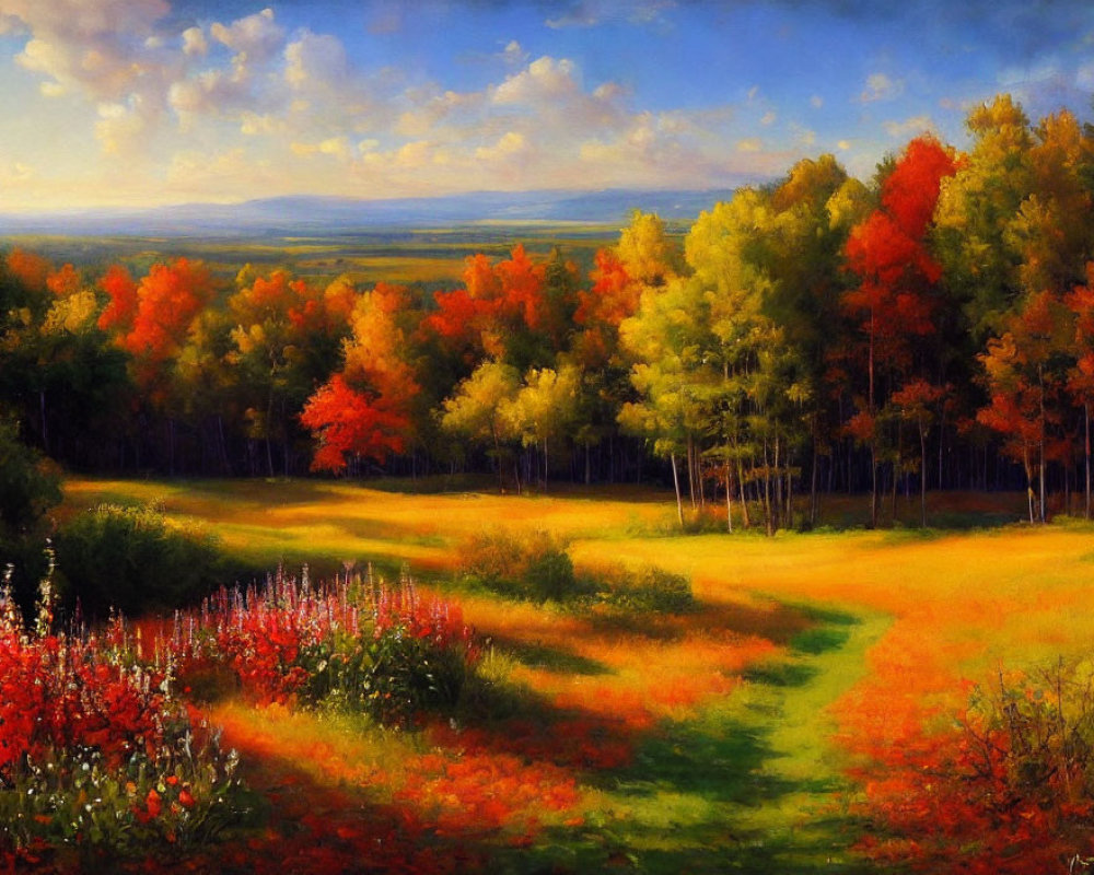 Colorful autumn landscape painting with meandering path through red and orange foliage.
