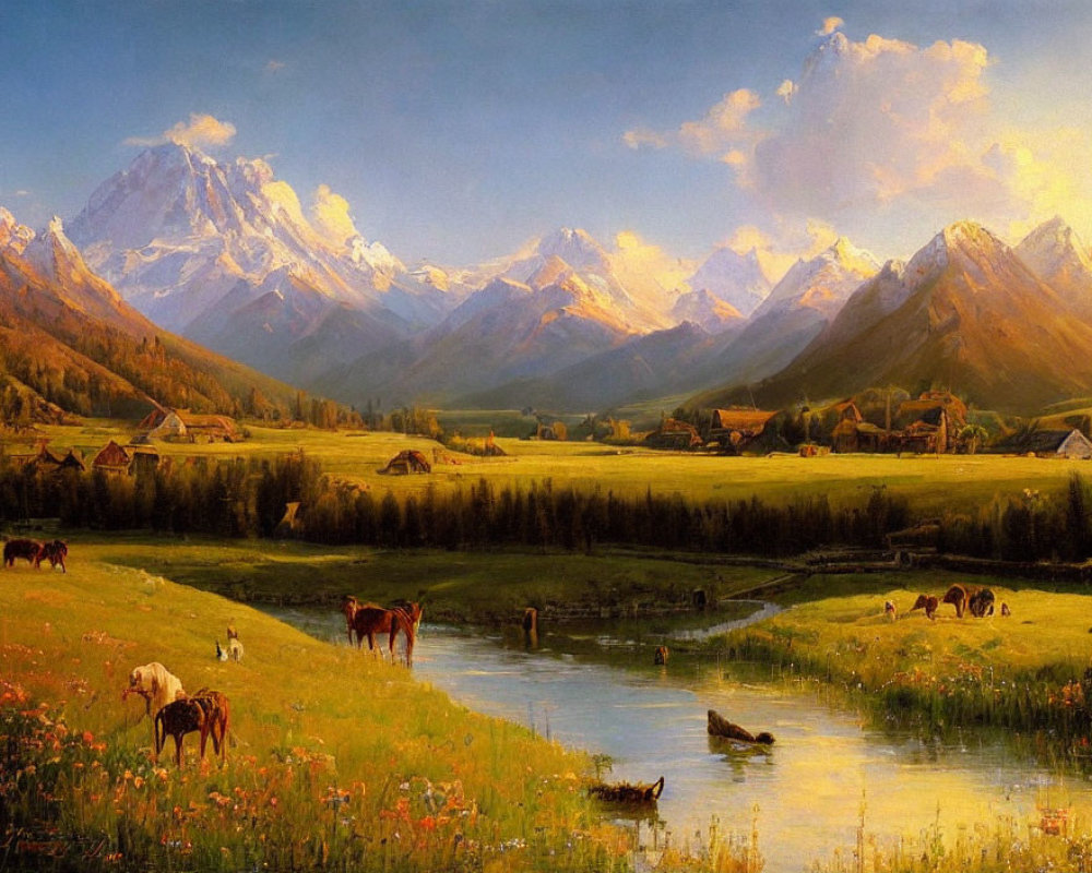 Pastoral landscape painting: cows, river, houses, mountains, warm sky