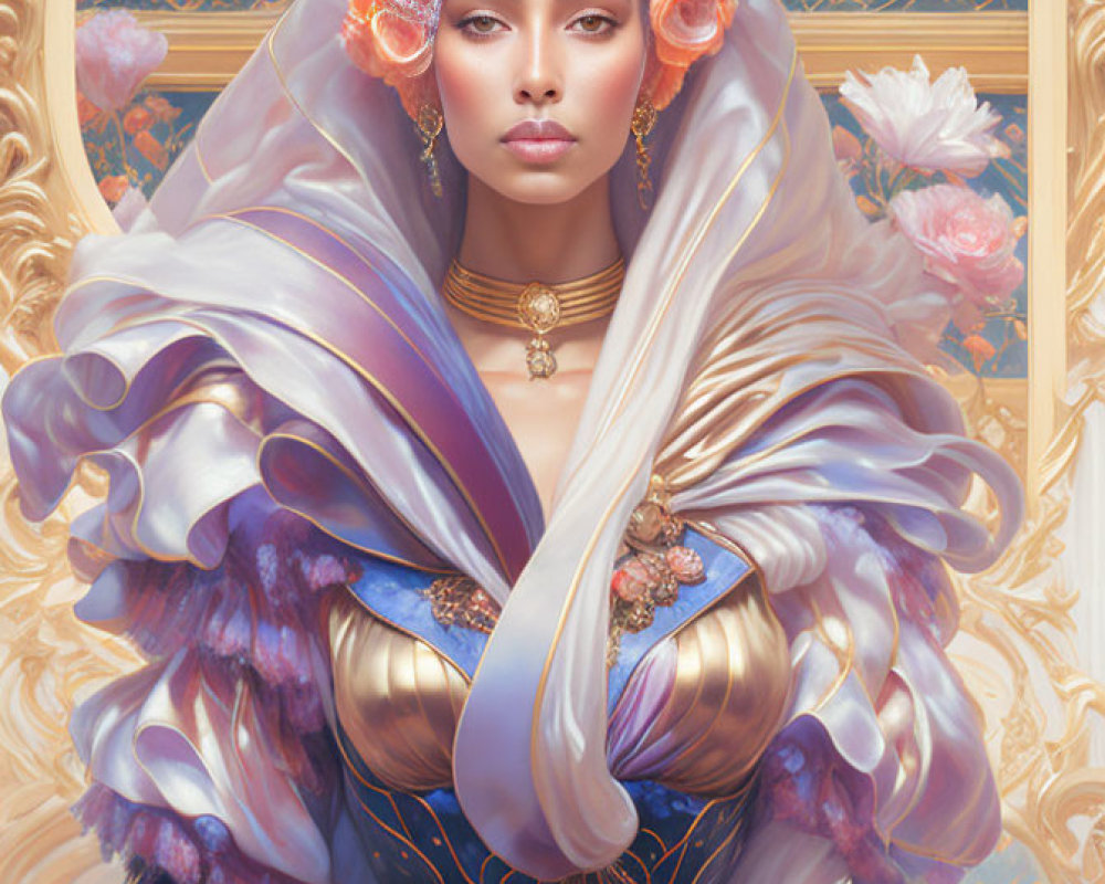 Ethereal portrait of a woman in regal attire with purple cloak, floral headpiece, and