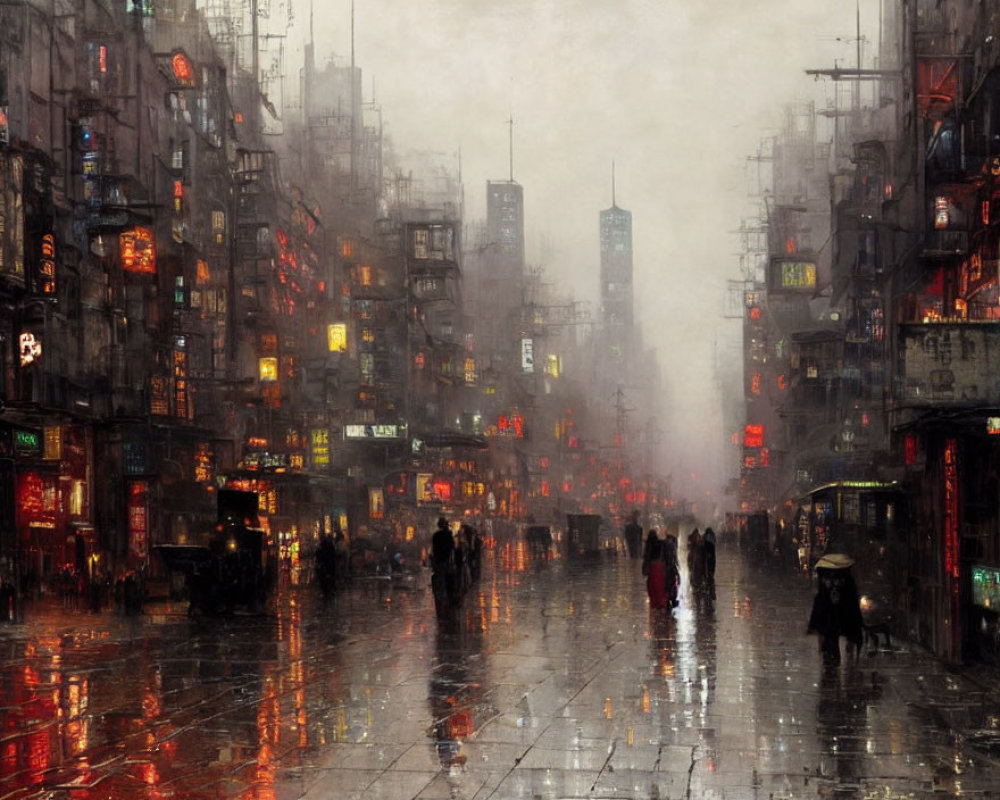 Rainy city street scene with neon signs, pedestrians, and passing car