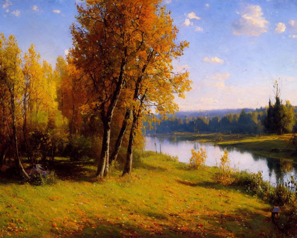 Tranquil autumn landscape with golden trees and river