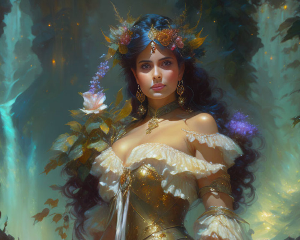 Fantasy portrait of woman with dark hair, gold jewelry, regal outfit in ethereal forest.