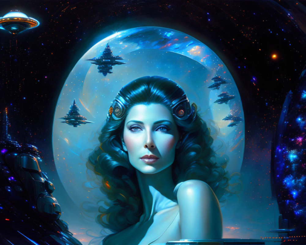 Enigmatic futuristic female figure with space-themed hair and cosmic backdrop