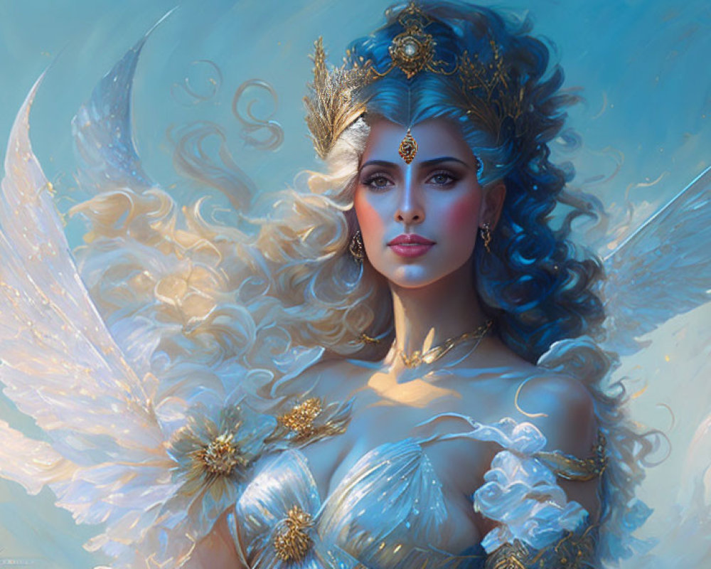 Ethereal woman with angelic wings in gold and blue attire on dreamy background