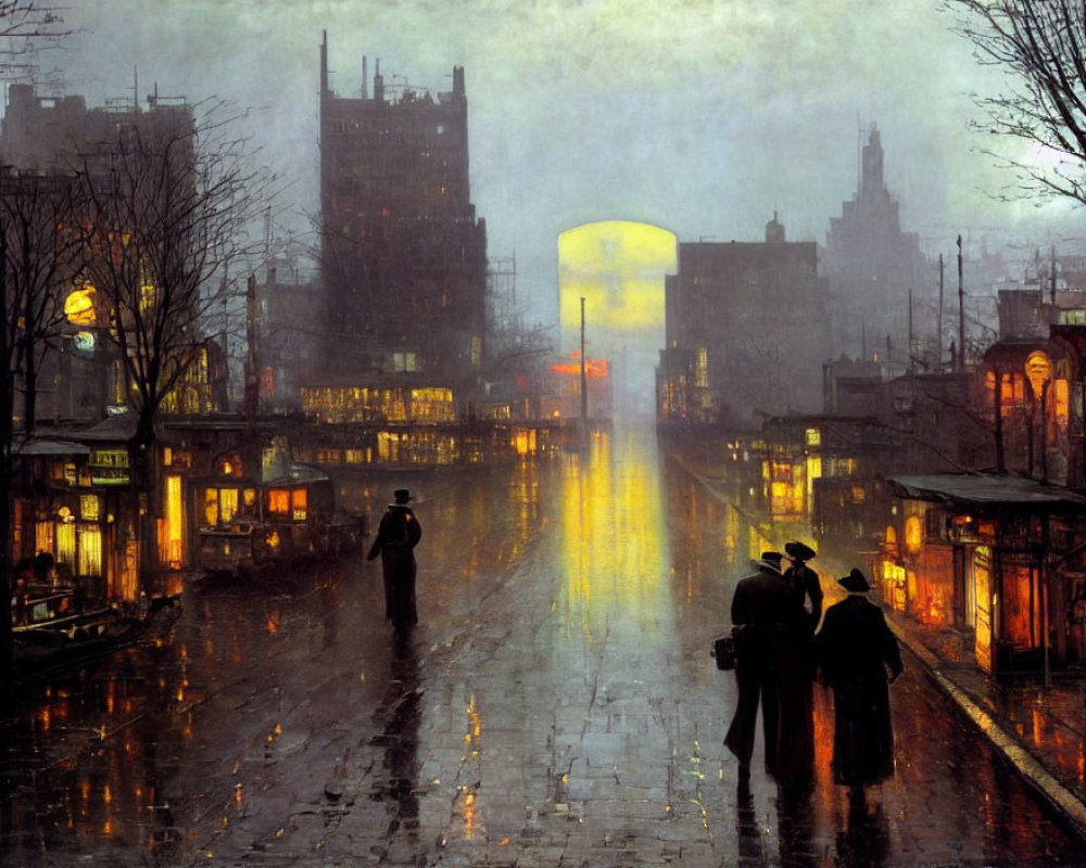 Rainy Evening Street Scene: Glowing Streetlights, Umbrellas, Misty Background