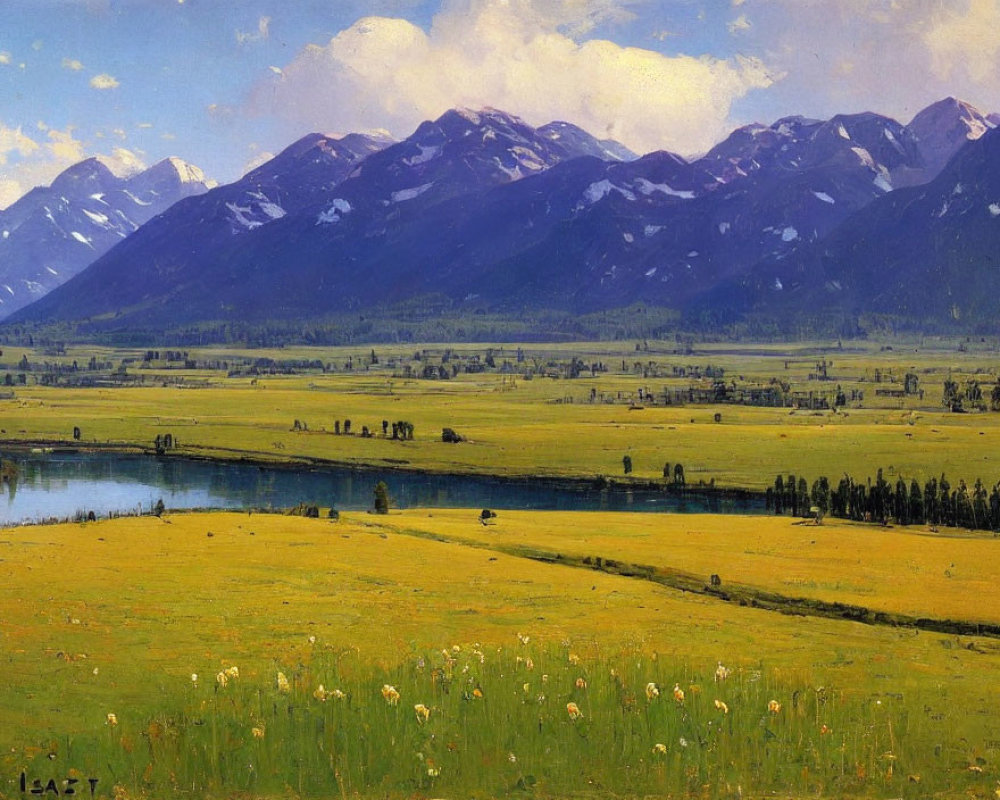 Tranquil landscape painting: vibrant meadow, serene river, majestic mountains