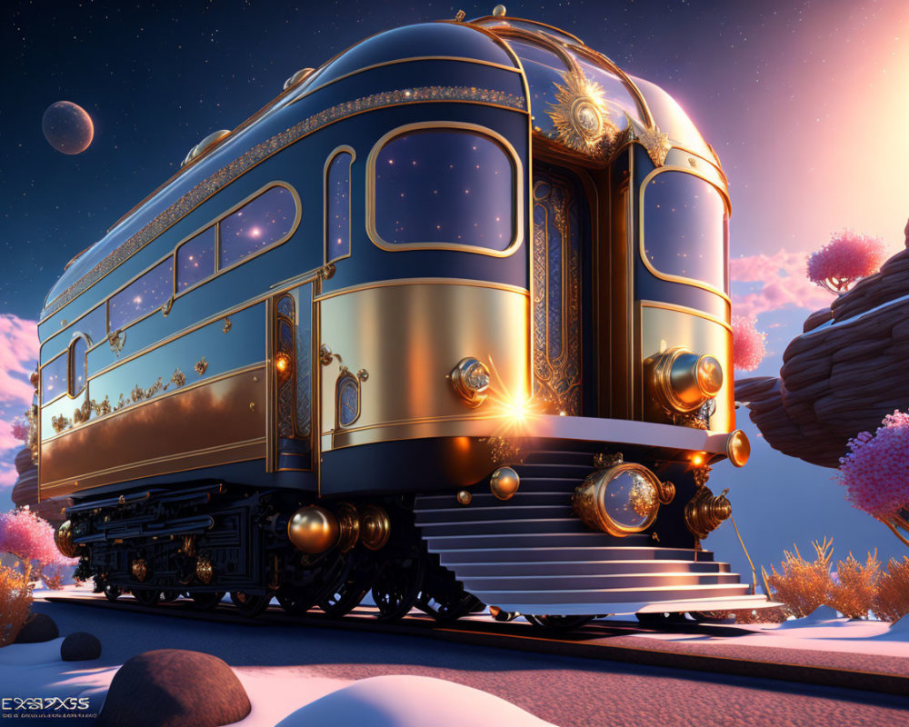 Ornate vintage train in fantasy landscape with pink trees
