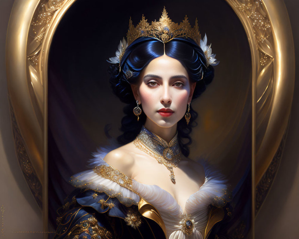 Dark-haired woman in gold and blue crown and elegant gown on golden oval background