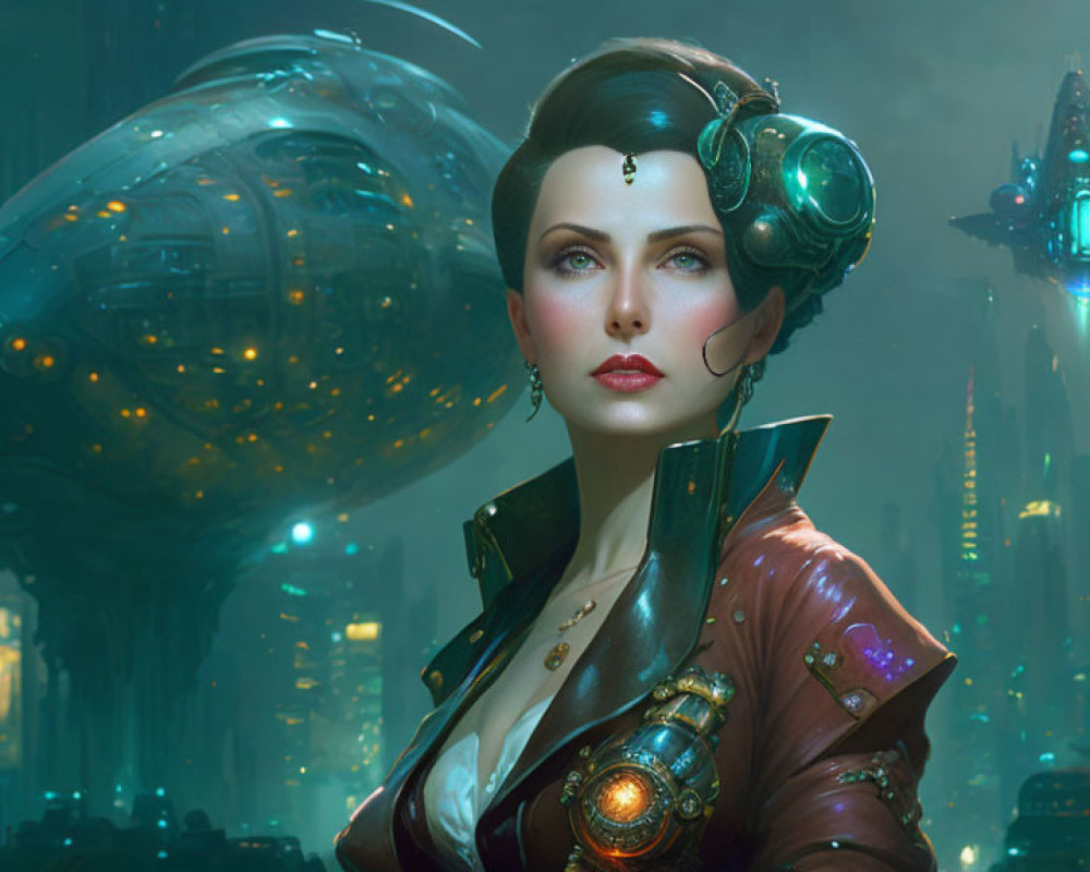 Futuristic woman with elaborate headset in neon cityscape