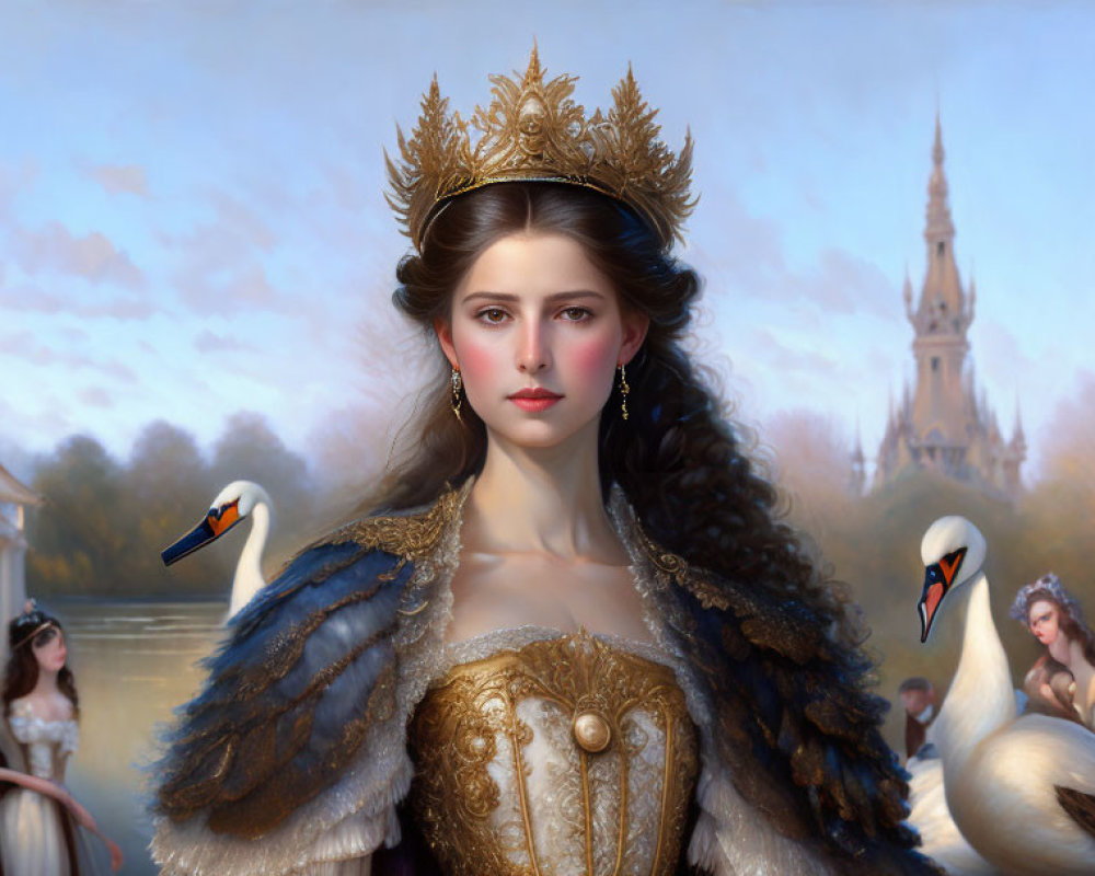 Regal woman with crown and castle in elegant setting
