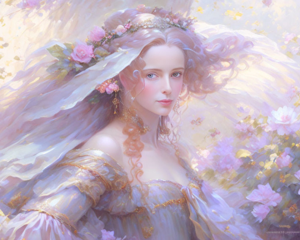 Ethereal portrait of woman with flowing hair and floral crown among dreamy pastel blooms