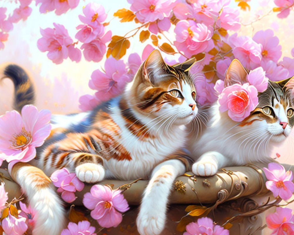 Realistic colorful cats on branch with pink cherry blossoms