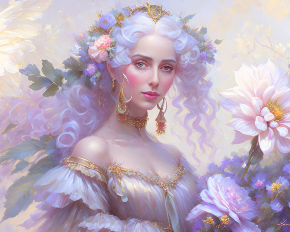 Portrait of Woman with Lavender Curly Hair and Floral Adornments