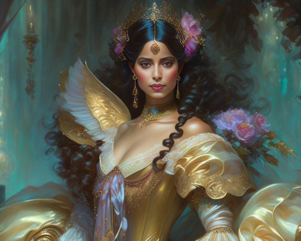 Regal woman in golden attire with butterfly wings in luxurious setting