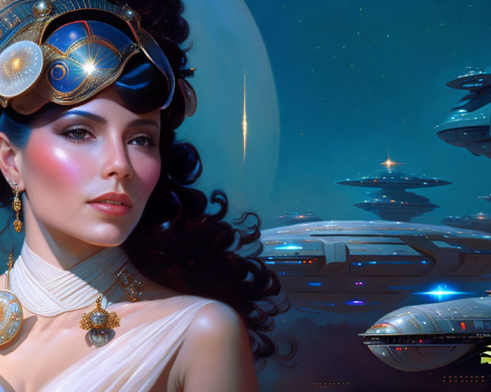 Steampunk-themed woman in futuristic cityscape with flying vehicles.