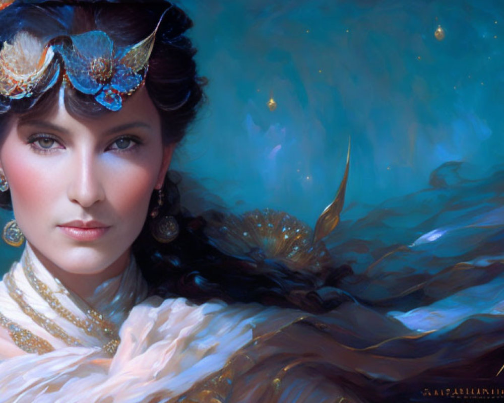 Woman in ornate mask and fur wrap against starry background