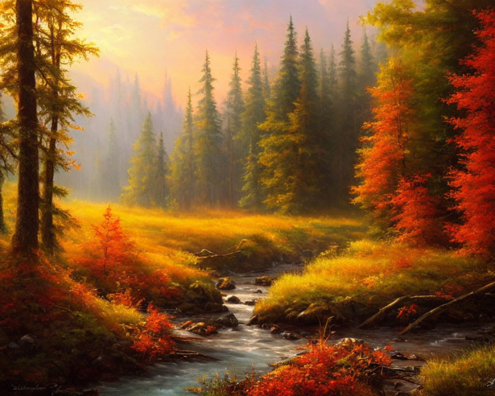 Vibrant autumn forest landscape with stream and misty background