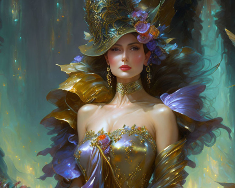 Golden headdress woman with luminescent creatures in magical forest