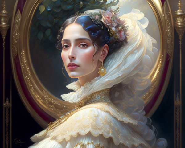 Dark-haired woman in ornate white dress with flowers and gold trim, framed in gold.